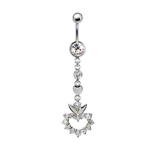 316L Surgical Steel CZ Gem Heart with Flower Top Dangle Belly Ring - Pierced Universe