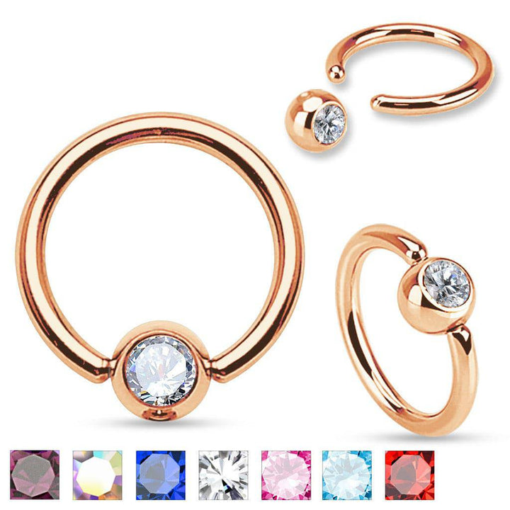 316L Surgical Steel CZ Gem Rose Gold Plated Captive Bead Ring - Pierced Universe