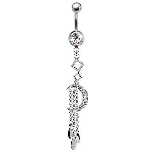 316L Surgical Steel CZ Moon with Chain Teardrops Dangle Belly Ring - Pierced Universe