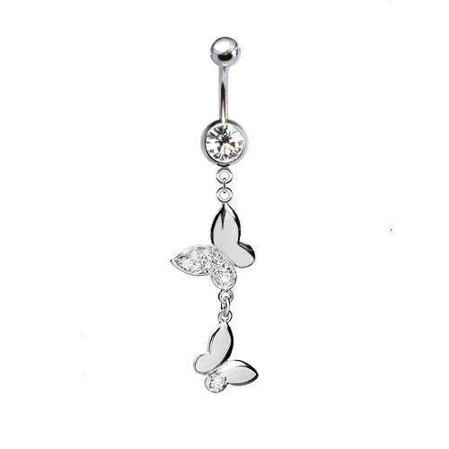316L Surgical Steel Dainty Double Butterfly with CZ Wing Dangle Belly Ring - Pierced Universe