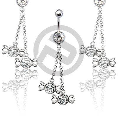 316L Surgical Steel Dangling Double CZ Chain Candy Wrapper Belly Button Navel Ring - Pierced Universe