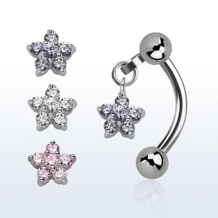 316L surgical Steel Dangling Flower CZ Gem Curved Barbell Tragus Helix Barbell Ring - Pierced Universe