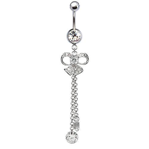 316L Surgical Steel Diamond Bow with Chain Double CZ Dangle Belly Ring - Pierced Universe