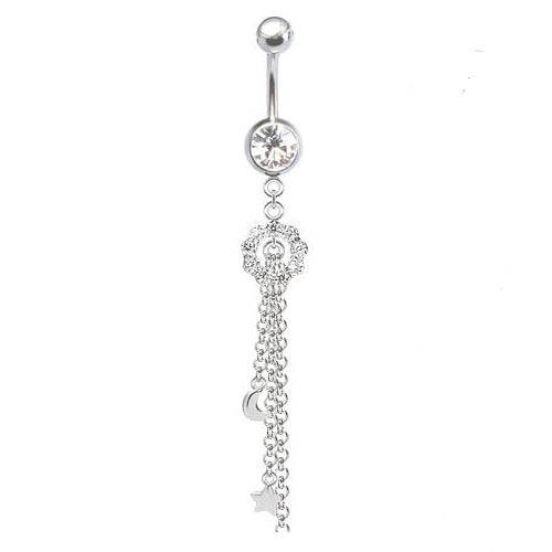 316L Surgical Steel Diamond Circle with Hanging Moon, Star & Heart Dangle Belly Ring - Pierced Universe