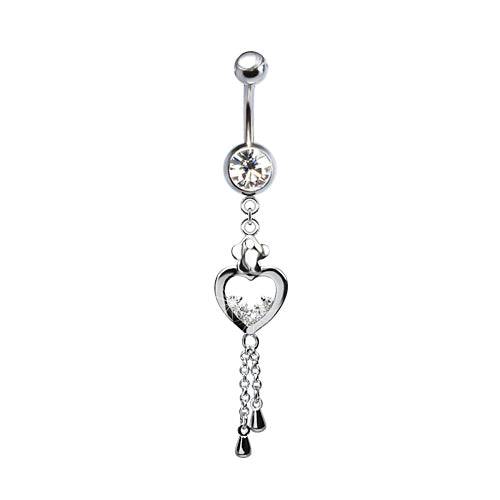 316L Surgical Steel Diamond Lined Heart with Butterfly Top & Chain Dangle Belly Ring - Pierced Universe