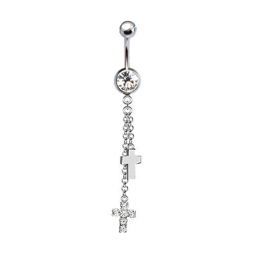 316L Surgical Steel Double Cross with Chain Dangle Belly Ring - Pierced Universe