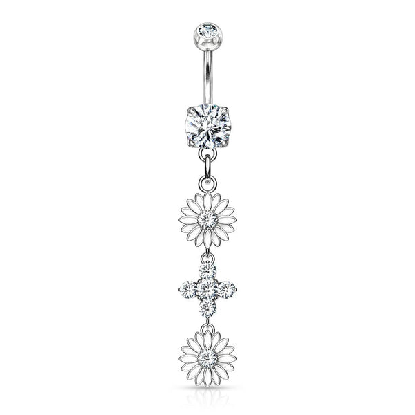 316L Surgical Steel Double CZ Flower Dangling Belly Button Ring - Pierced Universe