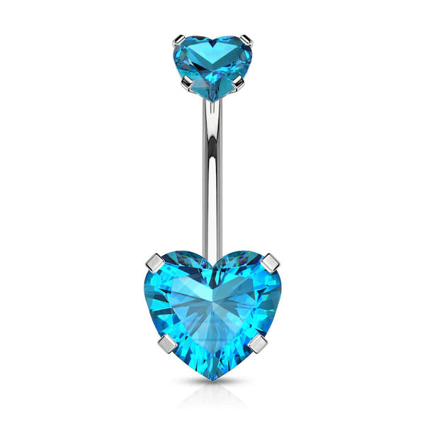 316L Surgical Steel Double Heart Aqua CZ Gem Belly Button Ring - Pierced Universe