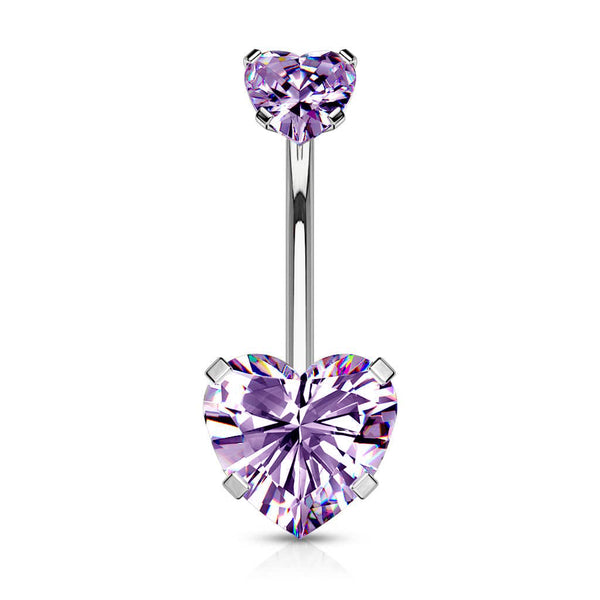 316L Surgical Steel Double Heart Tanzanite CZ Gem Belly Button Ring - Pierced Universe