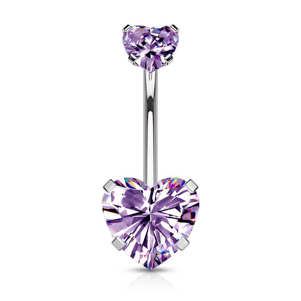 316L Surgical Steel Double Heart Pink CZ Gem Belly Button Ring