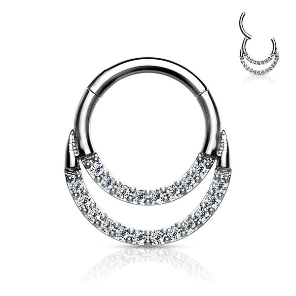 316L Surgical Steel Double Line White CZ Hinged Easy Click Septum Ring - Pierced Universe