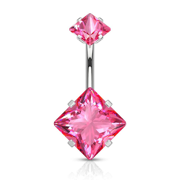 316L Surgical Steel Double Square Pink CZ Gem Belly Button Ring - Pierced Universe