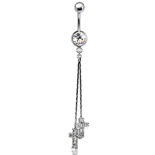 316L Surgical Steel Double Tassel and CZ Cross Dangle Belly Ring - Pierced Universe