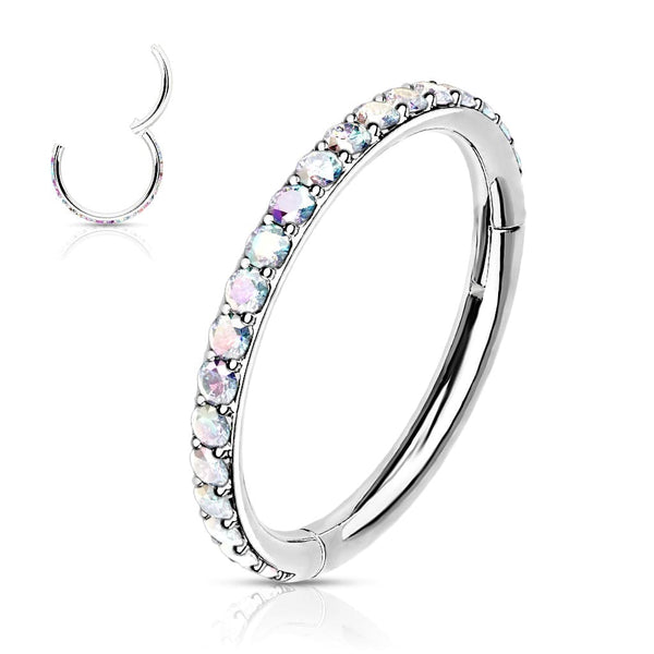 316L Surgical Steel Easy Hinged Aurora Borealis CZ Pave Clicker Hoop - Pierced Universe