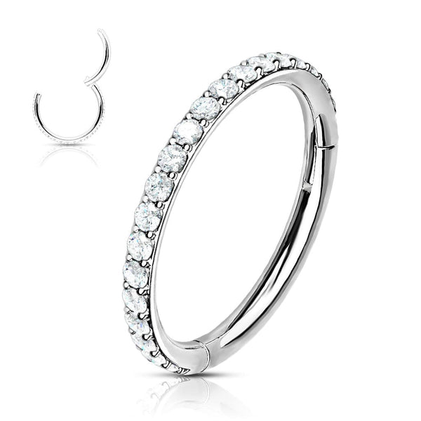 316L Surgical Steel Easy Hinged White CZ Pave Clicker Hoop 316L Surgical Steel Easy Hinged White CZ Pave Clicker Hoop