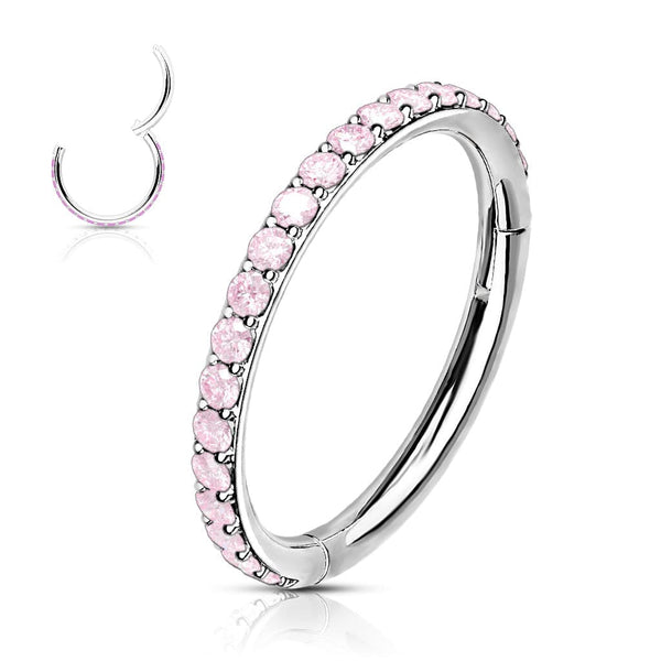 316L Surgical Steel Easy Hinged Pink CZ Pave Clicker Hoop - Pierced Universe