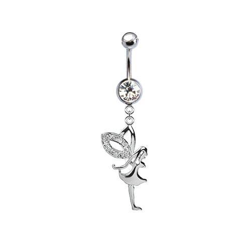 316L Surgical Steel Fairy with CZ Wing Dangle Belly Ring - Pierced Universe
