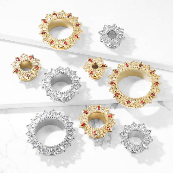 316L Surgical Steel Floral Tribal Red CZ Ear Tunnels - Pierced Universe