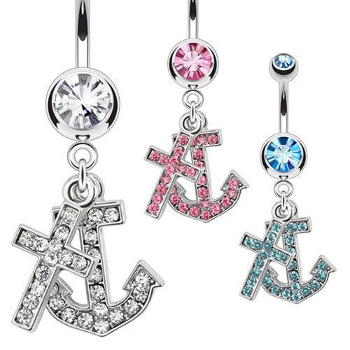 316L Surgical Steel Gem Cross & Anchor Dangling Belly Button Navel Ring - Pierced Universe