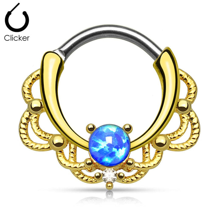 316L Surgical Steel Gold Plated Hinged Opal Stone Lace Septum Clicker Ring - Pierced Universe