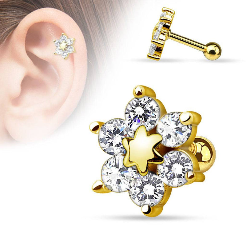 316L Surgical Steel Gold Plated Large Flower CZ Ear Helix Ball Back Stud - Pierced Universe