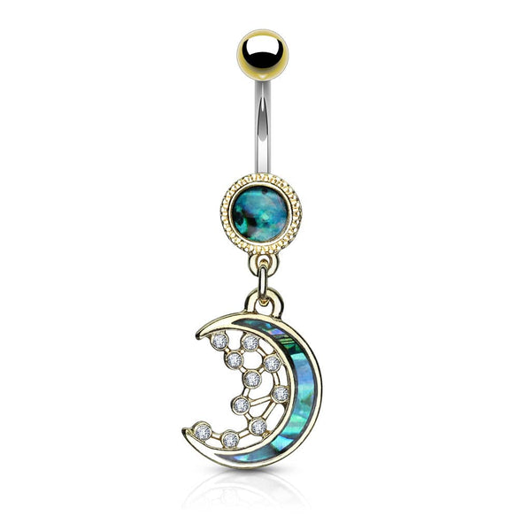 316L Surgical Steel Gold Plated Mother of Pearl Crescent Moon Belly Ring - Pierced Universe