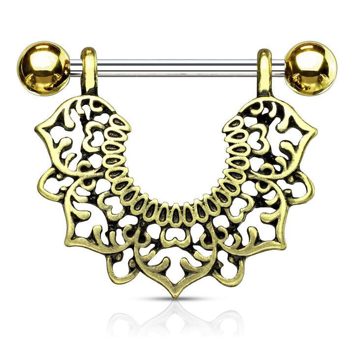 316L Surgical Steel Gold Plated Vintage Boho Lotus Nipple Shield Barbell - Pierced Universe