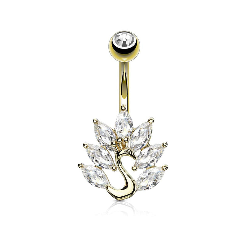 316L Surgical Steel Gold Plated White CZ Peacock Belly Ring - Pierced Universe