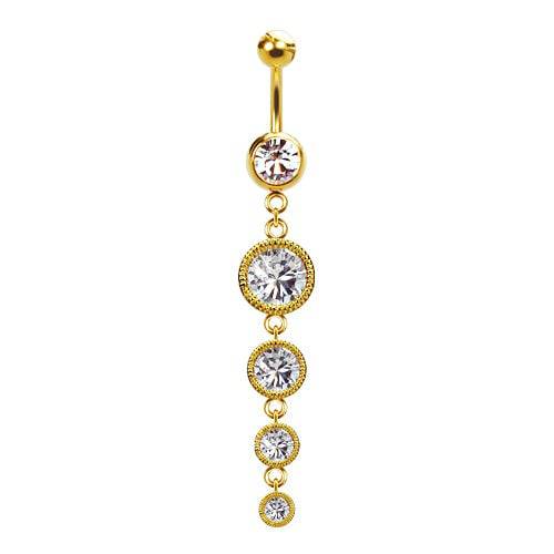 316L Surgical Steel Gold PVD 4 Gem Rimmed Dangle Belly Ring - Pierced Universe