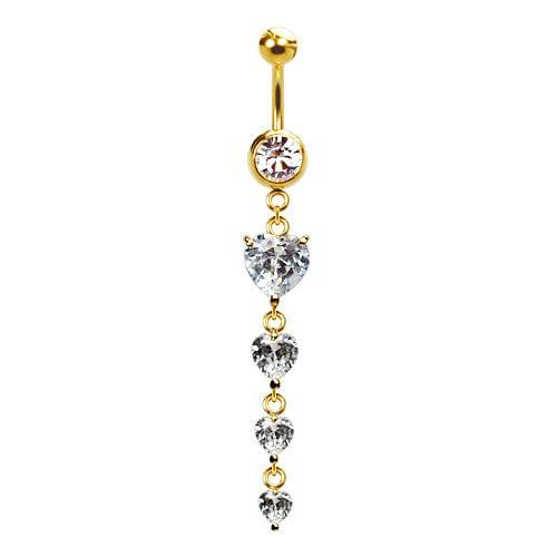 316L Surgical Steel Gold PVD 4 Heart CZ Gem Dangle Belly Ring - Pierced Universe