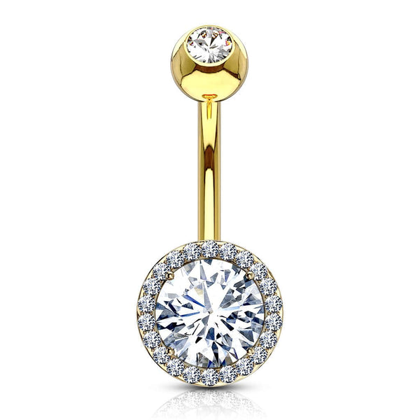 316L Surgical Steel Gold PVD Circle Pave White CZ Belly Ring - Pierced Universe