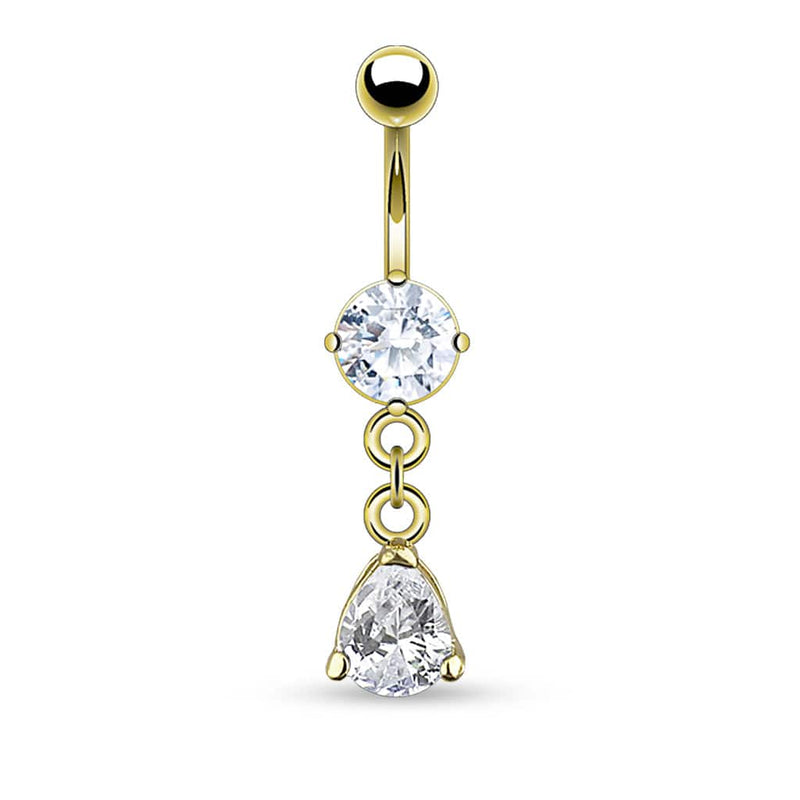 316L Surgical Steel Gold PVD Clawed White CZ Circle With Teardrop Dangle Belly Ring - Pierced Universe