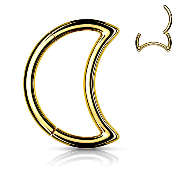 316L Surgical Steel Gold PVD Crescent Moon Hinged Clicker Hoop Daith Cartilage Ring - Pierced Universe