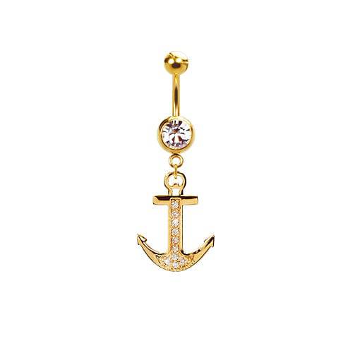 316L Surgical Steel Gold PVD CZ Anchor Dangle Belly Ring - Pierced Universe