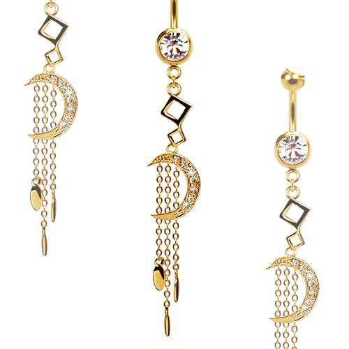 316L Surgical Steel Gold PVD CZ Moon with Chain Teardrops Dangle Belly Ring - Pierced Universe