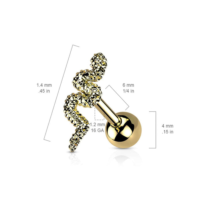 316L Surgical Steel Gold PVD Dainty Snake Ball Back Cartilage Ring Stud - Pierced Universe