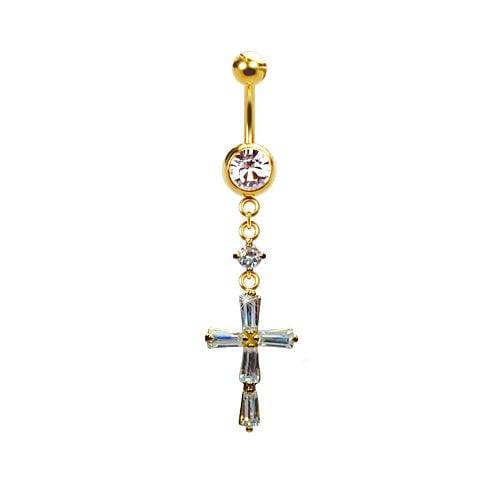 316L Surgical Steel Gold PVD Dainty Thin Baguette Cross Dangle Belly Ring - Pierced Universe
