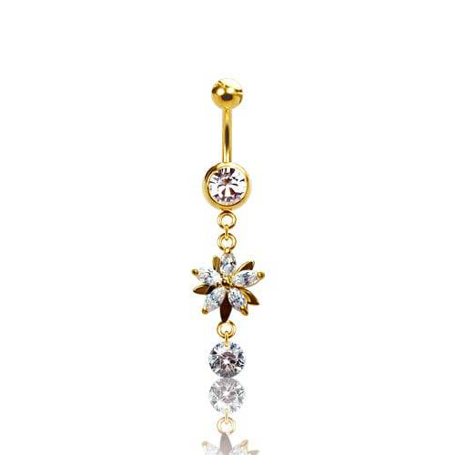 316L Surgical Steel Gold PVD Diamond Flower Dangle Belly Ring - Pierced Universe