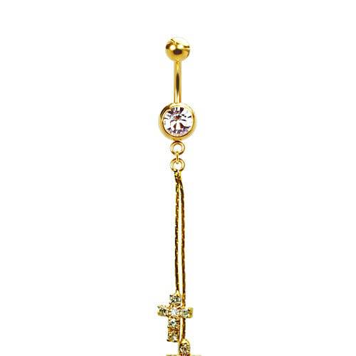 316L Surgical Steel Gold PVD Double Tassel and CZ Cross Dangle Belly Ring - Pierced Universe