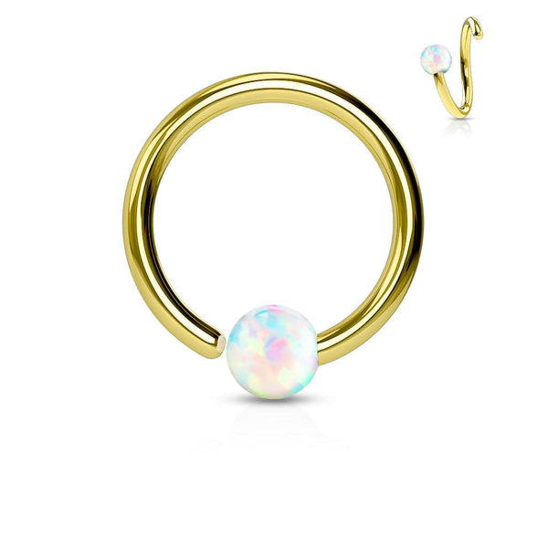 316L Surgical Steel Gold PVD Easy Bend Fixed White Opal Nose Hoop Ring - Pierced Universe