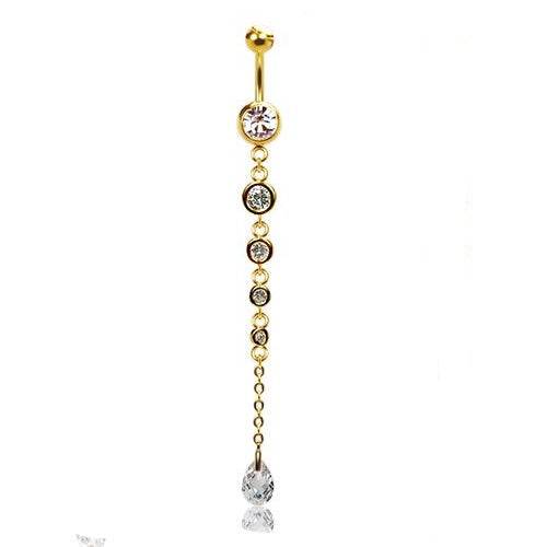 316L Surgical Steel Gold PVD Elegant 4 Gem Dangle with Tear Drop CZ Dangle Belly Ring - Pierced Universe