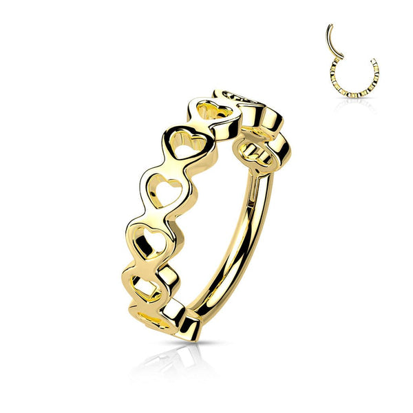 316L Surgical Steel Gold PVD Heart Pattern Hinged Clicker Hoop - Pierced Universe