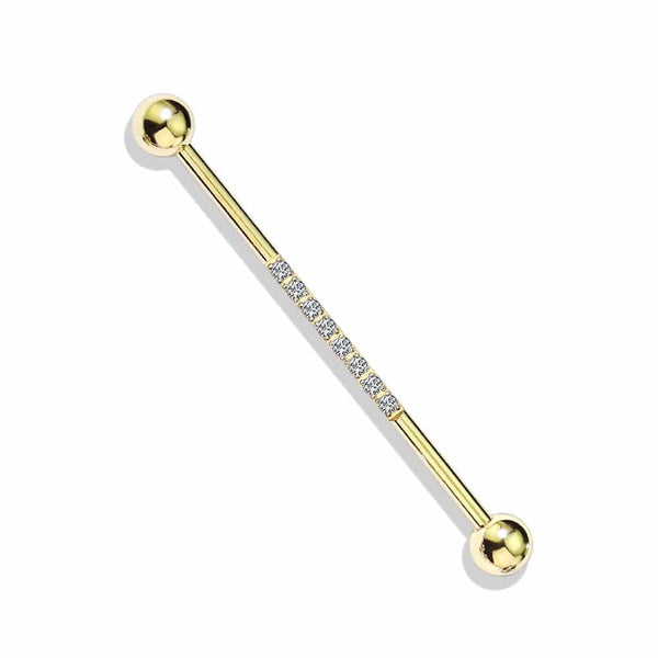 316L Surgical Steel Gold PVD Industrial Straight Barbell With Dainty White CZ Gems - Pierced Universe