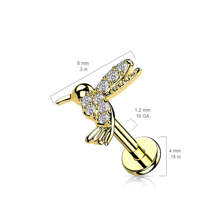 316L Surgical Steel Gold PVD Internally Threaded Dainty White CZ Hummingbird Labret Stud - Pierced Universe