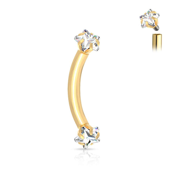 316L Surgical Steel Gold PVD Internally Threaded Double White CZ Star Curved Barbell - Pierced Universe