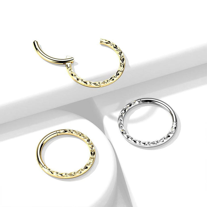 316L Surgical Steel Gold PVD Ridged Braided Design Hinged Hoop Septum Clicker Ring - Pierced Universe