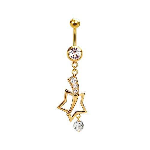 316L Surgical Steel Gold PVD Shooting Star Diamond CZ Dangle Belly Ring - Pierced Universe