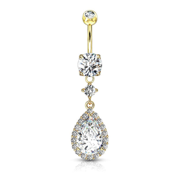 316L Surgical Steel Gold PVD Teardrop White CZ Pave Dangle Belly Ring - Pierced Universe
