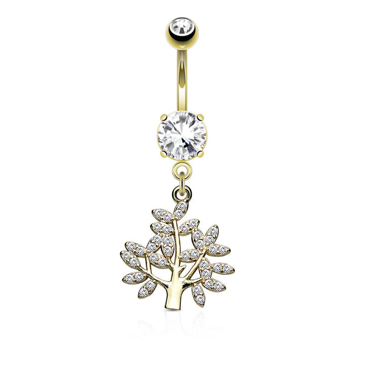 316L Surgical Steel Gold PVD Tree Of Life White CZ Dangle Belly Ring - Pierced Universe