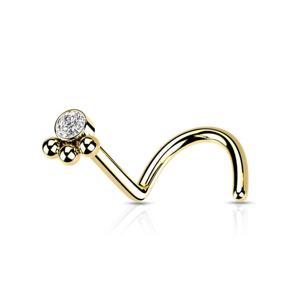 316L Surgical Steel Gold PVD Tribal Ball White CZ Corkscrew Nose Ring Stud - Pierced Universe